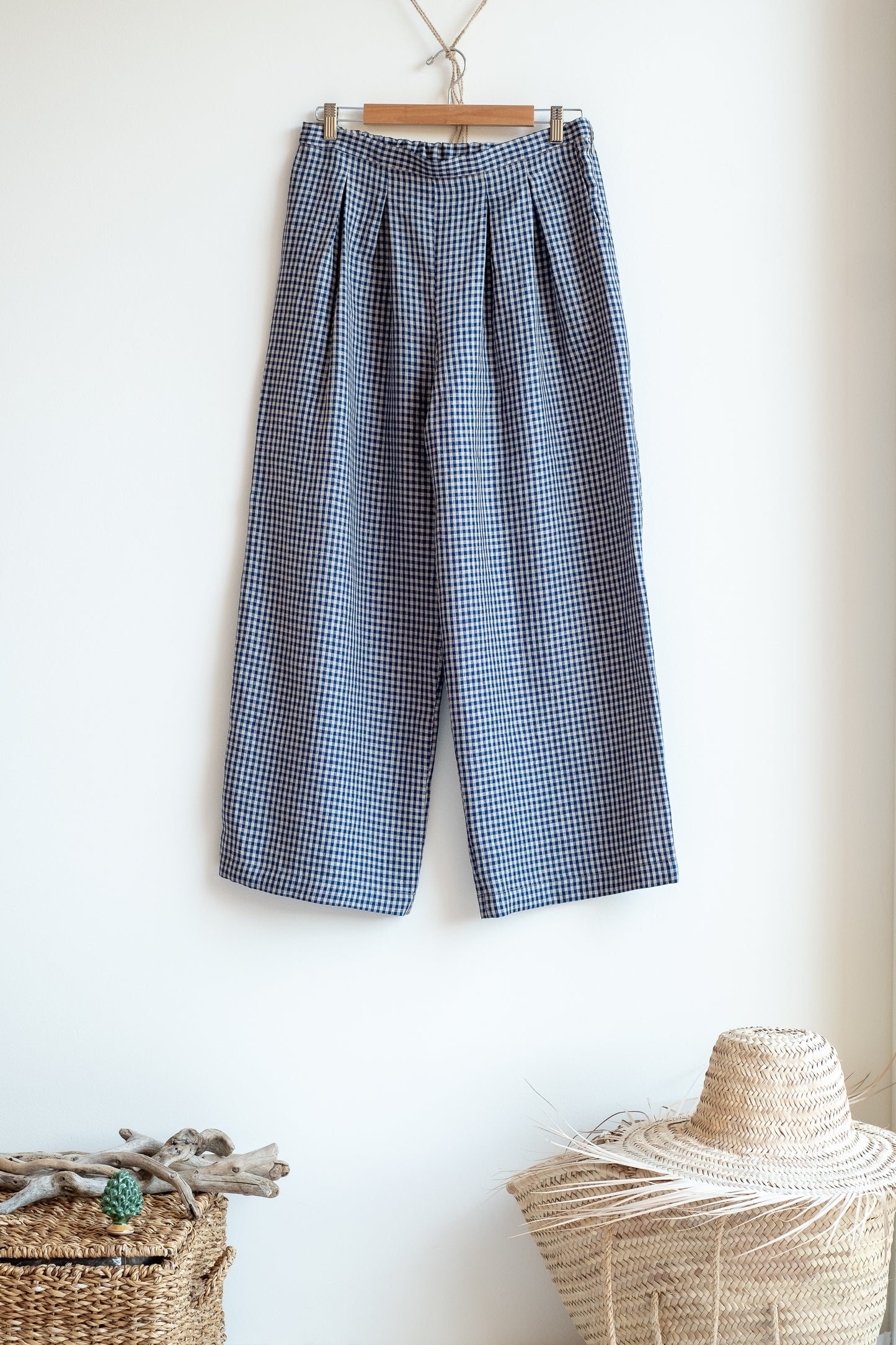 Pantaloni SORGIVA * lino vichy blu sabbia * taglia L