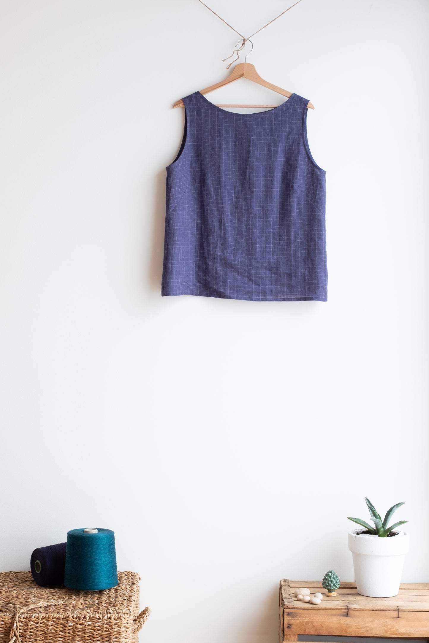 Canotta CHIA * lino sottile blu denim quadrettato * taglia L