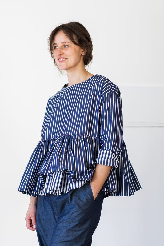 shirt DONDOLA * thin denim blue cotton with white stripes  * size M