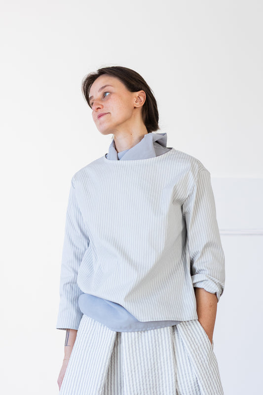blouse QUADRA ** pearl gray stretch cotton with white stripes * M