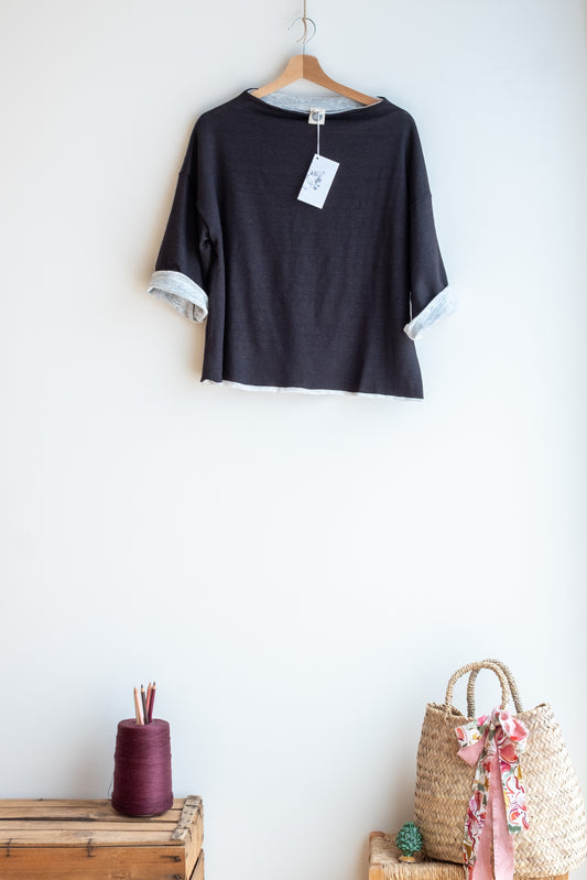 blouse QUADRA ** black linen jersey doubled in white * M